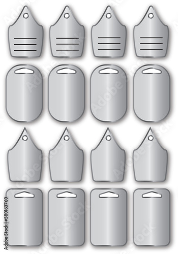 A set of shaped silver price tags. Collection of the same metallic tags  page suitable for printing  objects in vector and jpg.
