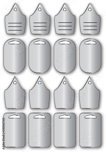 A set of shaped silver price tags. Collection of the same metallic tags, page suitable for printing, objects in vector and jpg.