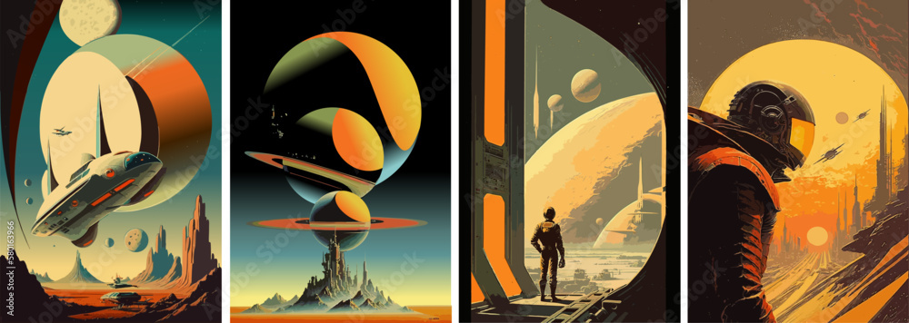 Space, astronaut and science fiction. Vector illustrations of universe, spaceship, planet, future, for background, poster or cover - obrazy, fototapety, plakaty 