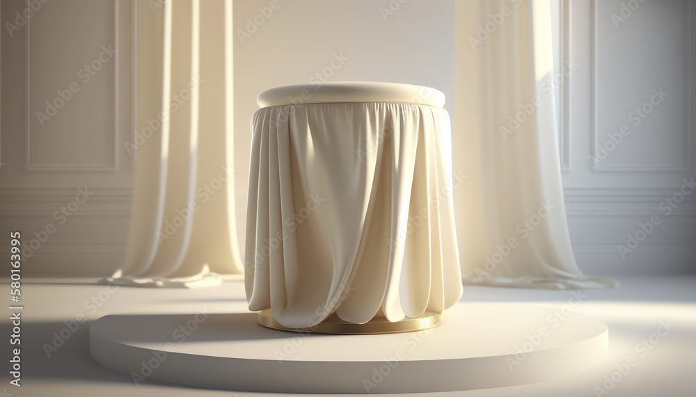 Modern and luxury cream colored round glossy pedestal podium in dappled sunlight from window with white blowing sheer curtain in white wall background for product display