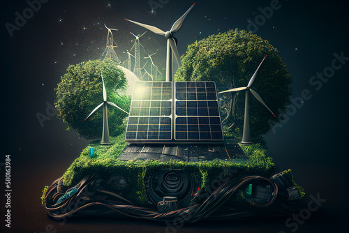Solar panel and Wind Turbine concept. Solar energy from solar panels. Photovoltaic, alternative source of Solar electricity. Renewable energy, green energy, wind turbines, Ai Generative illustration.
