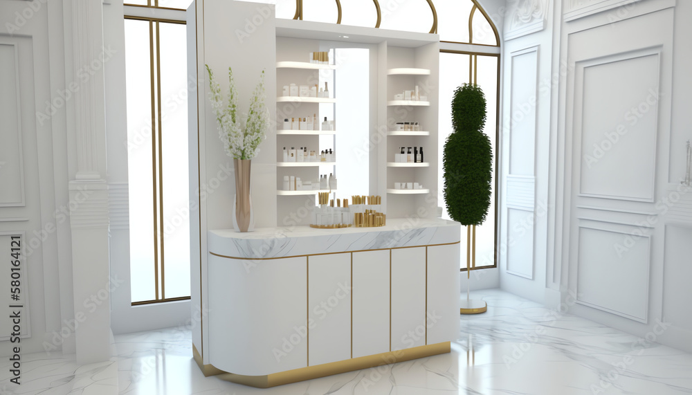 Illustrazione Stock White glossy counter with skincare, cosmetic