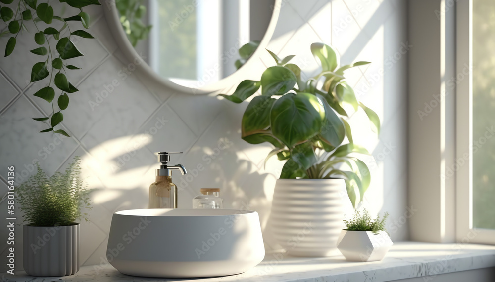 White marble vanity counter top and wall tiles with ceramic wash basin, modern minimal style faucet in bathroom in morning sunlight with house plant shadow. 3D render for product display background