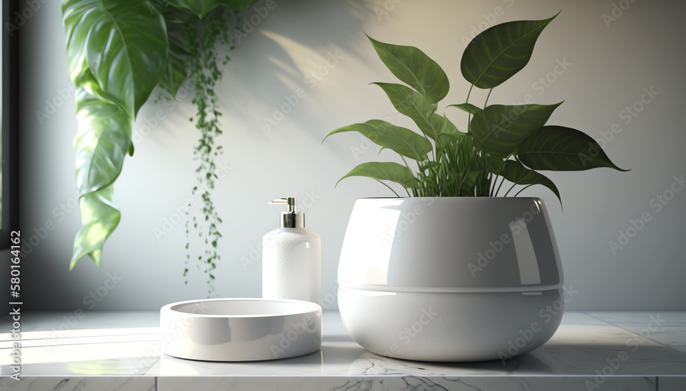White marble vanity counter top and wall tiles with ceramic wash basin, modern minimal style faucet in bathroom in morning sunlight with house plant shadow. 3D render for product display background White marble vanity counter top and wall tiles with ceramic wash basin, modern minimal style faucet in bathroom in morning sunlight with house plant shadow. 3D render for product display background