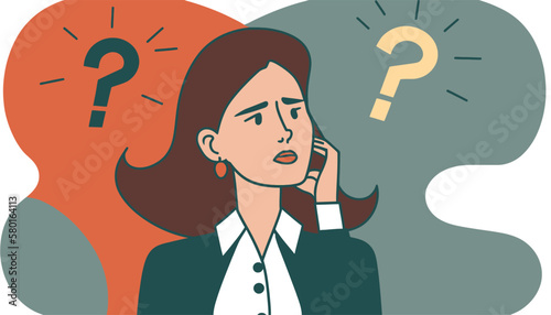 Make choice, decision concept. Puzzled business woman doubting, deciding, setting priorities. Questioned employee thinking, analyzing two options. Flat vector illustration isolated on white background