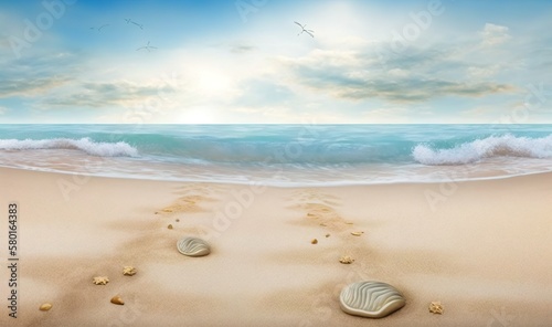  a beach scene with footprints in the sand and a wave coming in. generative ai