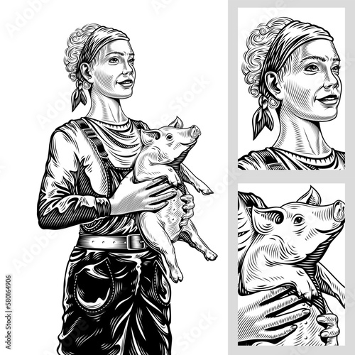 Happy woman farmer holding a baby pig in arms. Agricultural breeding of pigs. Vector hand drawn black and white retro illustration in the style of hatched engraved chiaroscuro line art