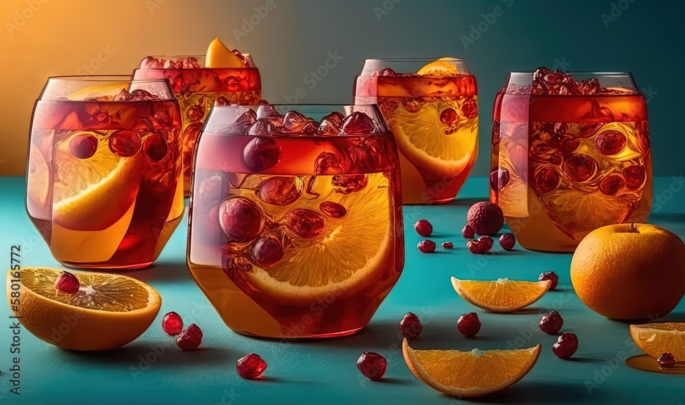  a group of glasses filled with oranges and cranberries.  generative ai