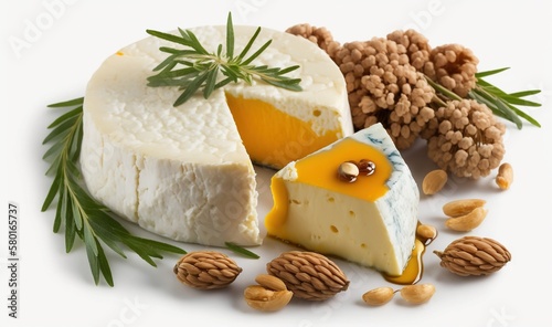  a piece of cheese with nuts around it on a white surface. generative ai