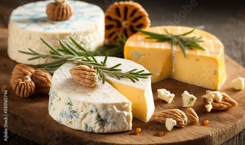  a variety of cheeses on a wooden board on a table.  generative ai
