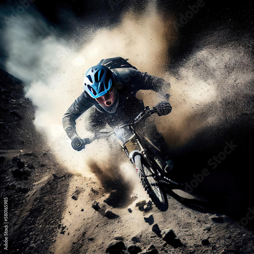 a person riding a mountain bike in the dark, with smoke coming out from behind him and his helmet on