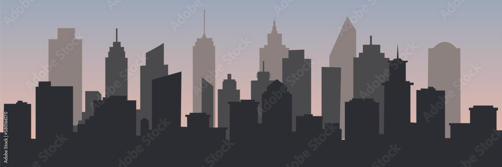 City View. Flat panoramic background with modern city skyline. Vector illustration