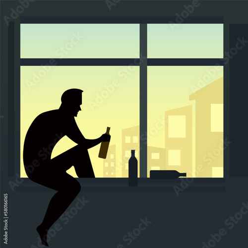 The silhouette of the smoker in the window of the house. Drunk man drinking alcohol alone. Alcohol addiction suffers from alcoholism problem. Vector illustration