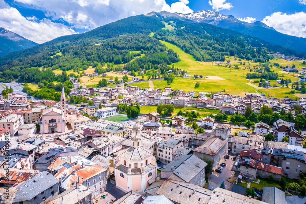 Town of Bormio in Dolomites Alps landscape view, Province of Sondrio