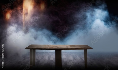  a wooden table sitting in the middle of a foggy room. generative ai