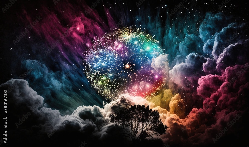  a colorful fireworks is in the sky above the clouds and trees.  generative ai