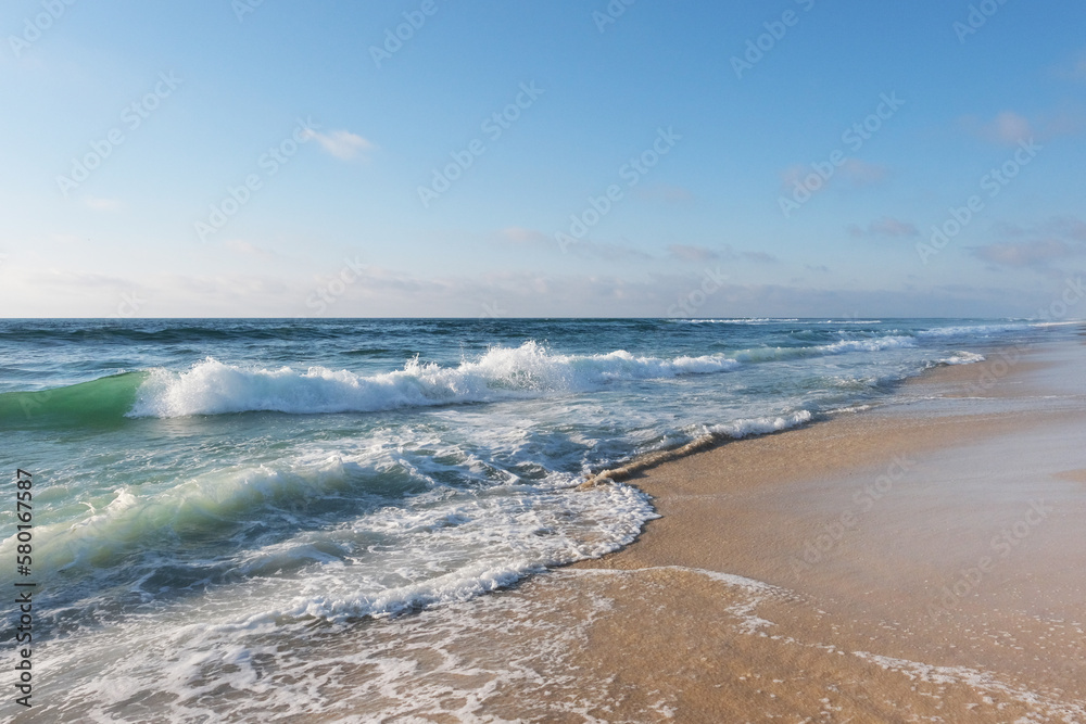 Beautiful View on high waves on the empty coast of the Atlantic Ocean. Deserted beautiful ocean beach. Beautiful View on high waves on the empty coast of the Atlantic Ocean. Deserted beautiful ocean beach.