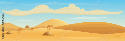 Hills, mountains and camels silhouettes against desert landscape background. In cartoon style. Vector illustration