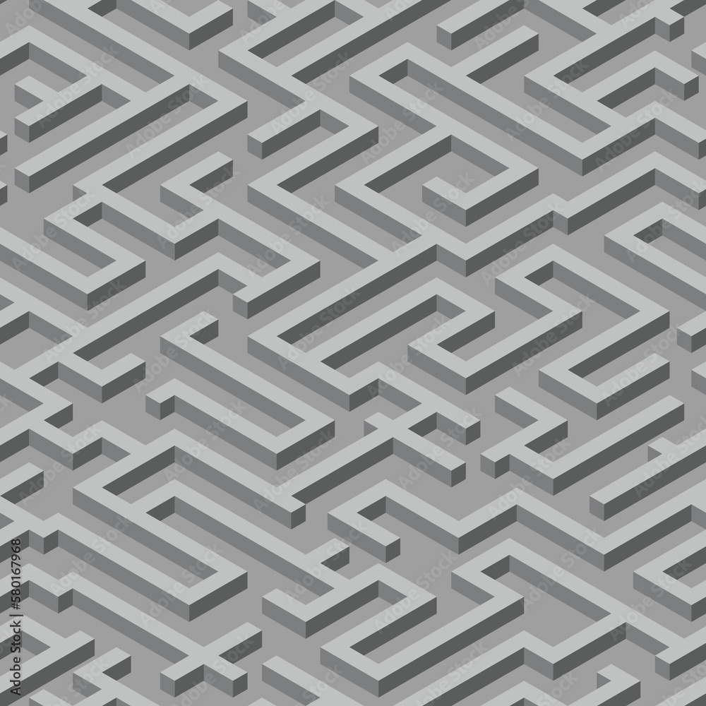 Gray tone isometric maze, seamless vector pattern