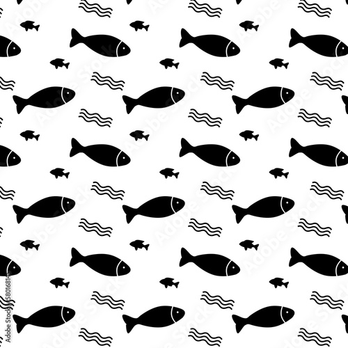 Fish icon seamless pattern wallpaper background. Sea design. Ocean repeated pattern. Black fish on white background. Nautical illustration