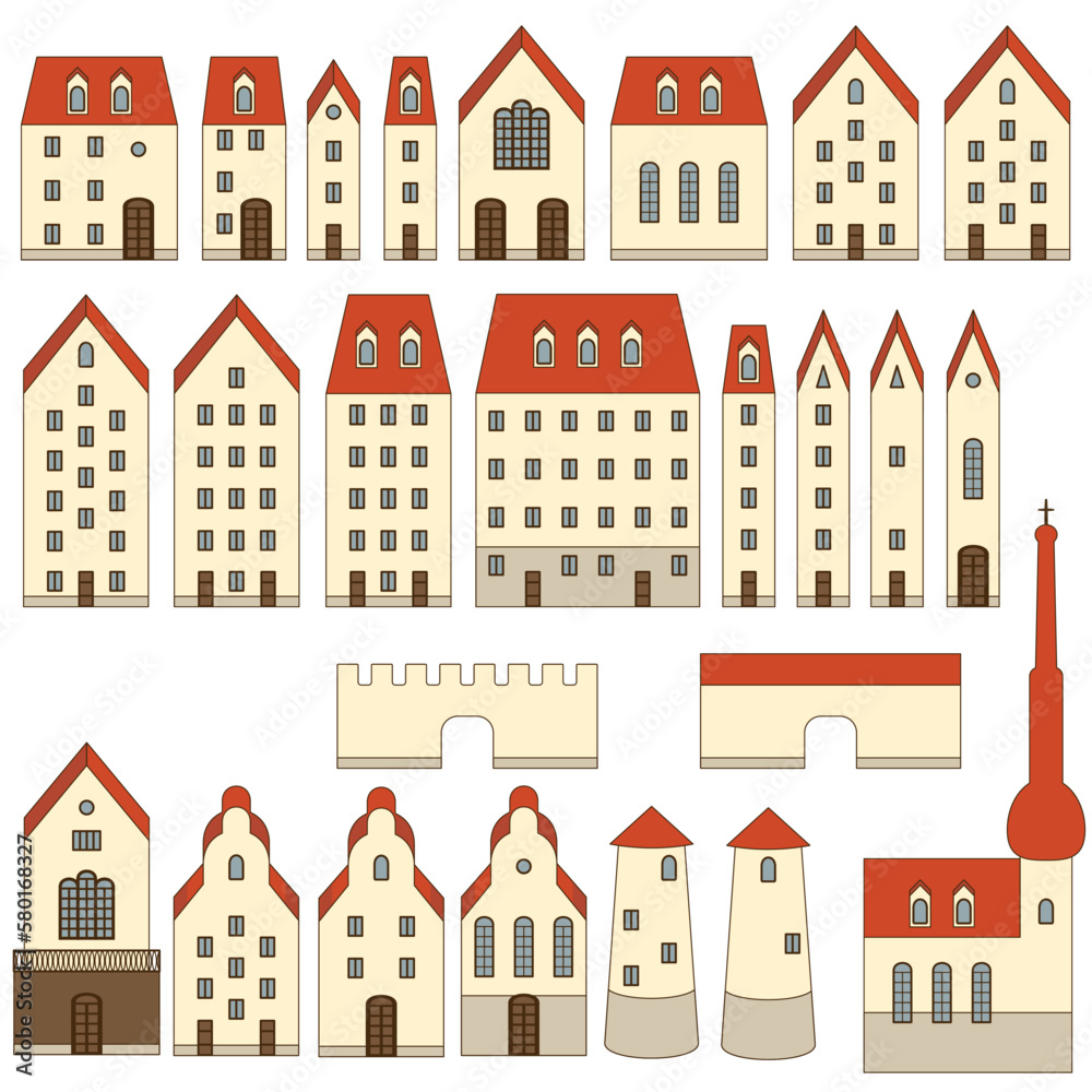 Set of houses and towers of an ancient European city, isolated objects on a white background
