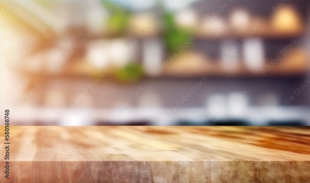 a wooden table top with blurry shelves in the background. generative ai a wooden table top with blurry shelves in the background. generative ai
