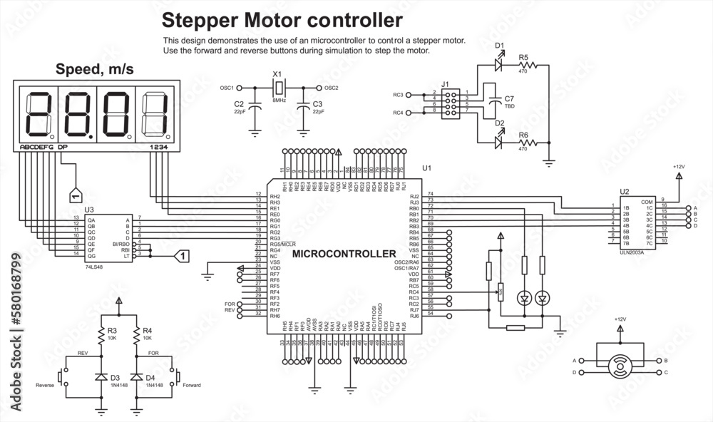 Schematic diagram of electronic device.
Vector drawing electrical circuit with button, resistor, motor, microcontroller, lcd display
and other electronic components.