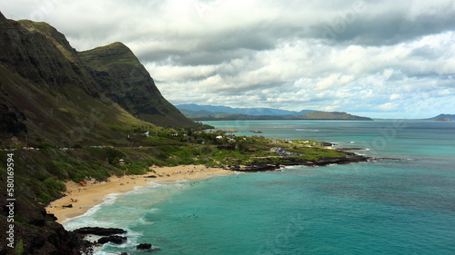 Scenic view over Makapu'u Beach, Pukakukui Channel, and Waimanalo Bay, from Makapu'u Lookout, on the east coast of Oahu, Hawaii