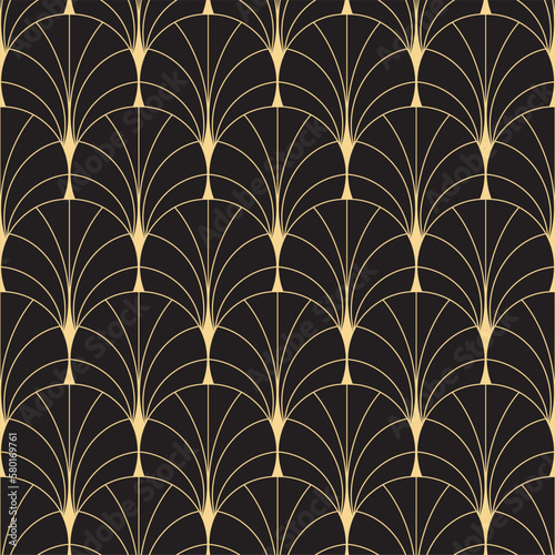 Art Deco fan pattern. Luxury gold and black geometric decor. 