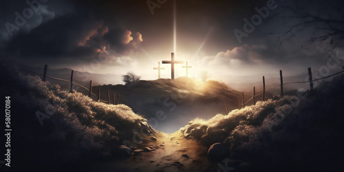 Fotografija A Easter cross on the dawn background Generative ai