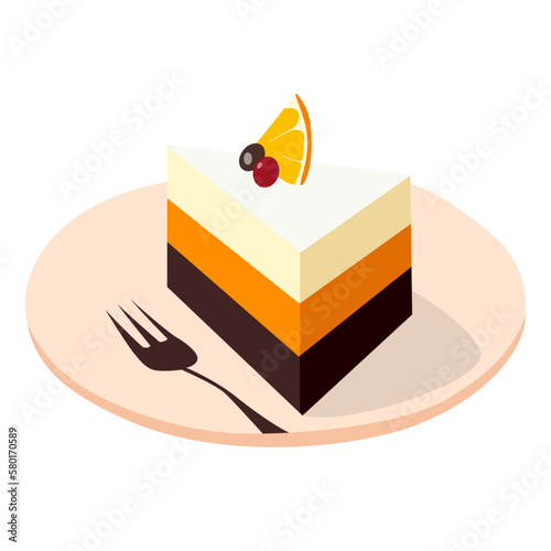 Plato de pastel tres capas con naranja y uva; con cubierto vector photo