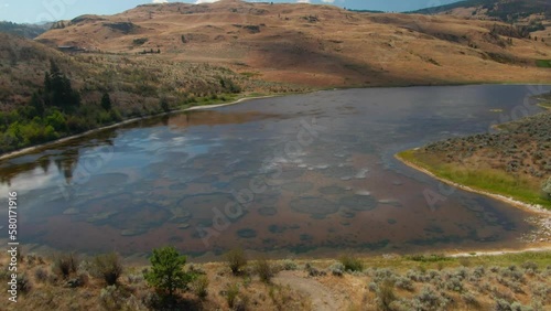 Aerial view of Spotted Lake in Osoyoos British Columbia Okanagan Valley on Hot Summer Day