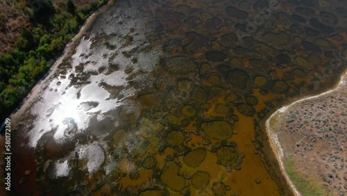 Aerial view of Spotted Lake in Osoyoos British Columbia Okanagan Valley on Hot Summer Day