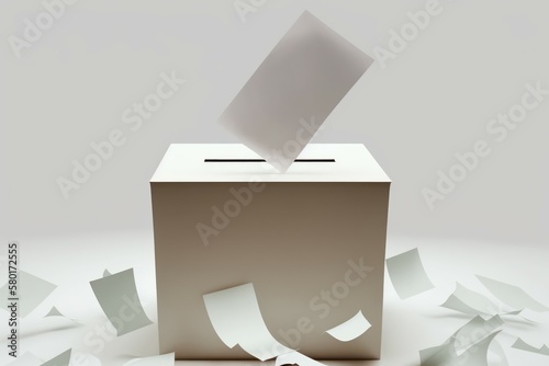 Ballot box and chaotic flying papers casting vote on light background. AI generated, human enhanced