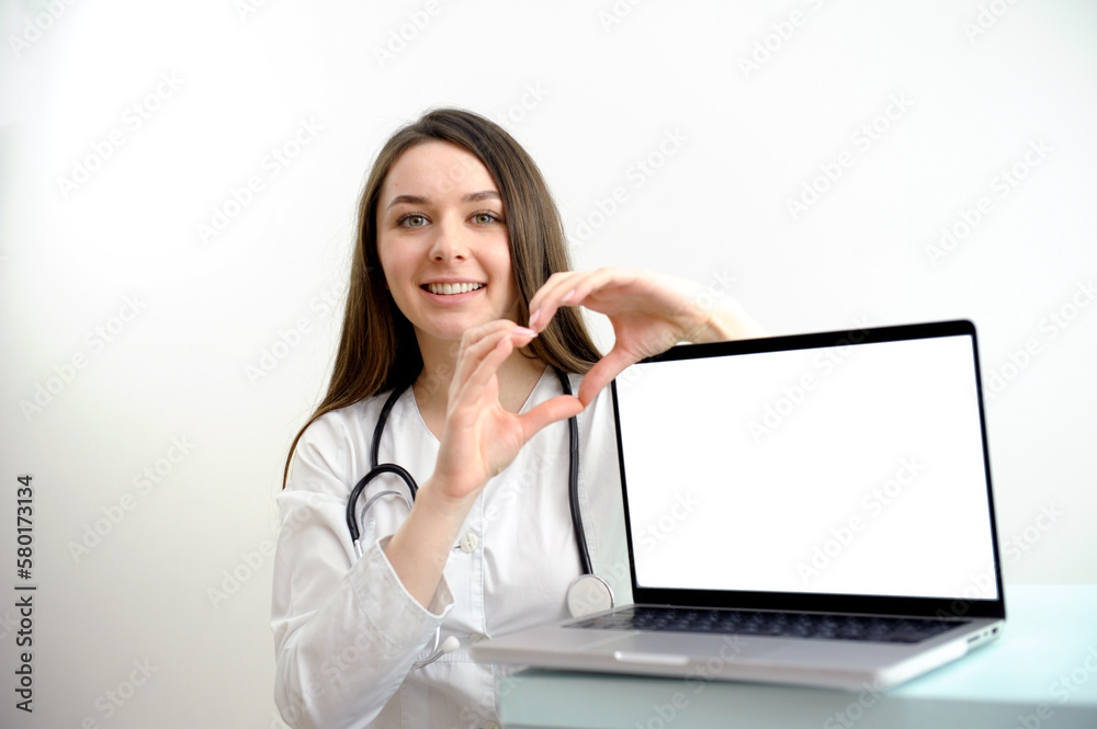 doctor nurse near computer with white screen blank space for text shows with hands heart smiling nutritional supplements good medicine mutual help excellent treatment medicine product advertisement doctor nurse near computer with white screen blank space for text shows with hands heart smiling nutritional supplements good medicine mutual help excellent treatment medicine product advertisement
