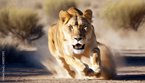 Action shot of a fierce lioness chasing the camera in the savannah heat. Generative AI.