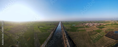 An aerial panorama of the Irrigation canal and agricultural fields in the suburbs of District Sheikhupura, captured before the sunset. 