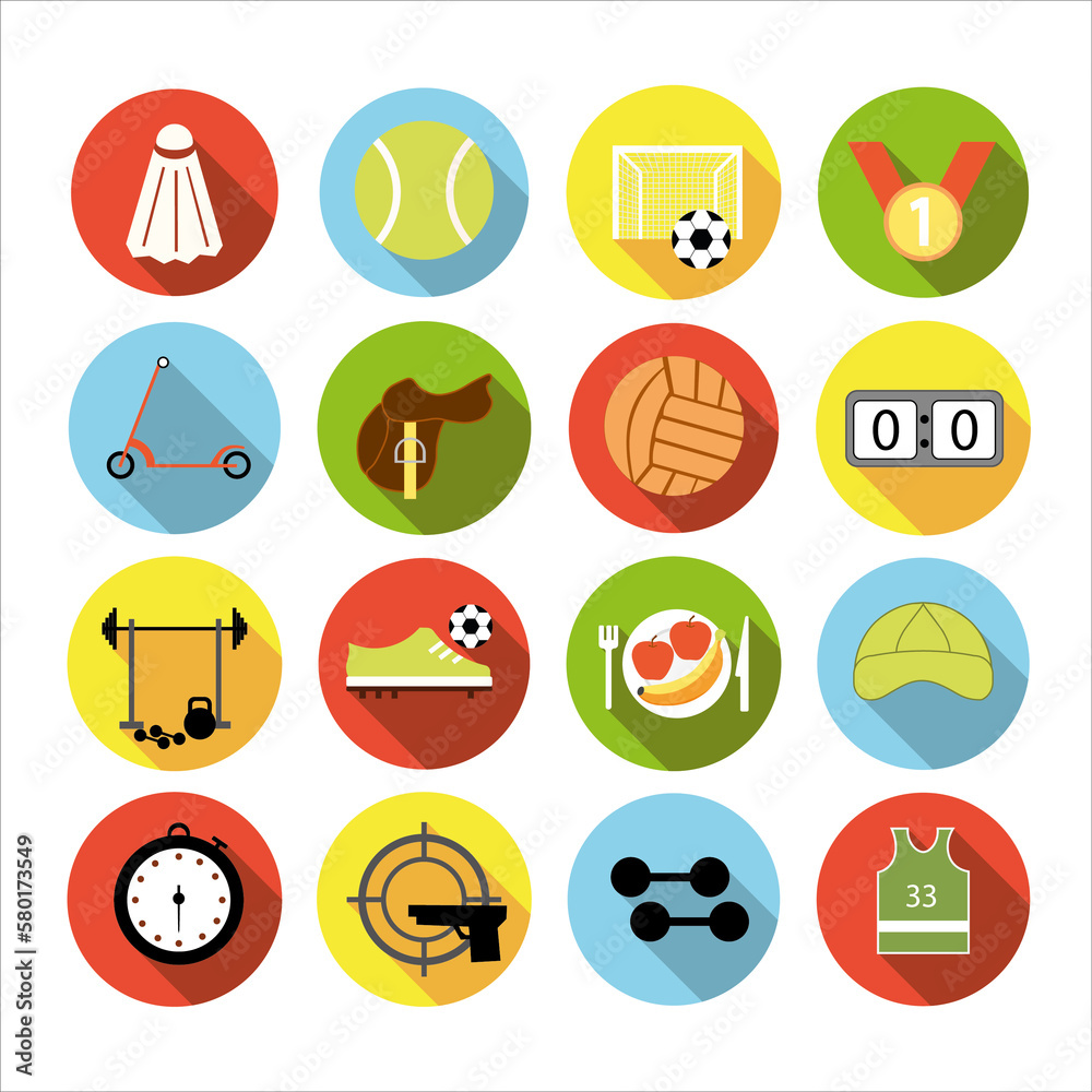 Collection of icons with different sports and healthy eating in flat design with shadows