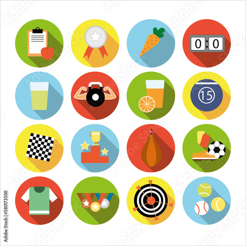Collection of icons with different sports and healthy eating in flat design with shadows