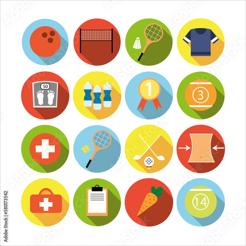 Collection of icons with different sports and healthy eating in flat design with shadows