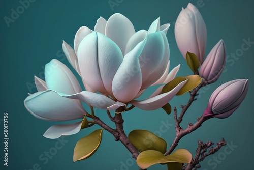 Realistic delicate blue magnolia. Beautiful spring flower. Generative AI