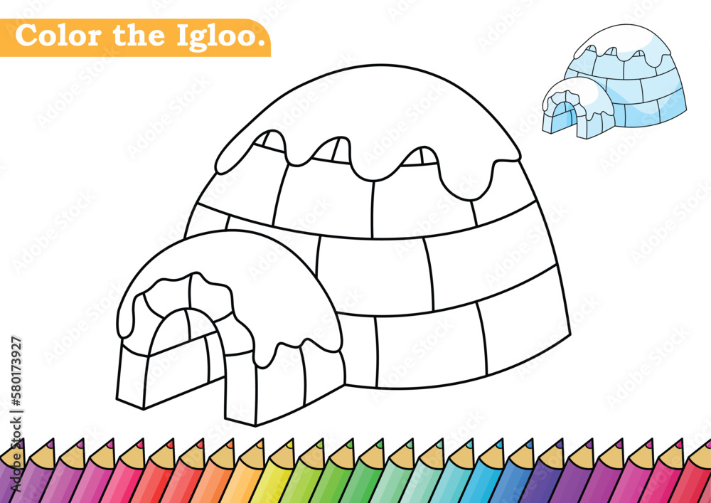 Coloring page for Igloo vector illustration. Kindergarten children
