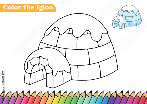 Coloring page for Igloo vector illustration. Kindergarten children Coloring pages activity worksheet with cute Igloo cartoon. Igloo isolated on white background for color books.