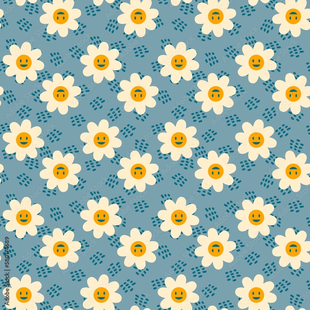 Vintage daisy flowers with smiling faces seamless pattern. Floral texture print for tee, paper, fabric, textile. Groovy illustration for decor and design.