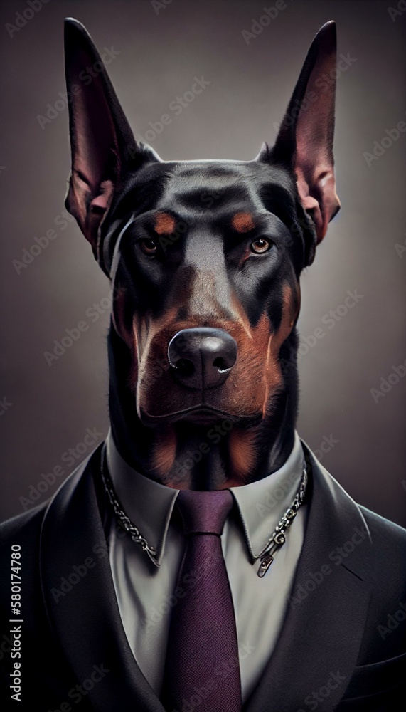 A serious portrait of a Doberman-headed CEO, with an imposing presence that demands respect from his subordinates. Generative AI
