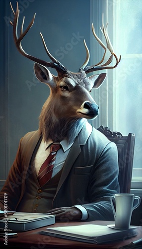 A striking image of a deer-headed executive, with a calm and collected demeanor as he makes important decisions Generative AI