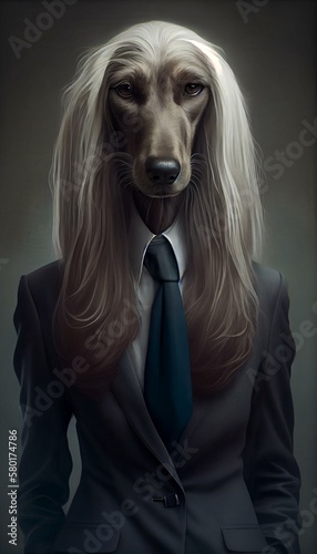 An elegant portrait of an Afghan Hound-headed executive, with a refined manner that sets her apart in boardroom meetings. Generative AI
