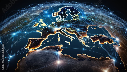 Europe is connected through communication technology to the global internet network. European connection lines for data transfer and communication. IoT, business, money, and security - Generative AI