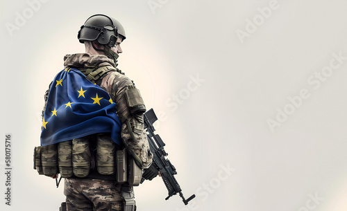 A soldier with a machine gun and with the flag of the European Union. EU flag. AI generated
