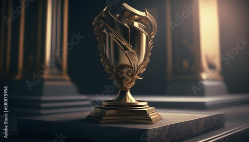 Golden luxury champion trophy cup with blurred background, Football trophy cup or Sports award, Champion's Trophy Sports background, generative ai